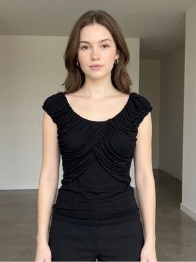 1990s Vintage USA Easel Black Ruched Cap-Sleeve Women’s Top